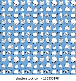 Vector seamless pattern. Many doodle cows or bulls, symbol of 2021 year. Wrapping paper or textile concept, isolated on blue background