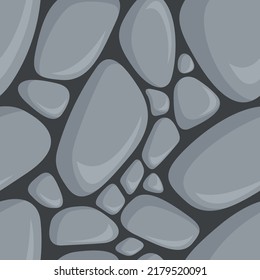 Vector seamless pattern with many flat smooth stones on dark gray background. Different shapes pebbles texture. Modern trendy print. Decorative element for packaging design, wrapping paper, banners. 
