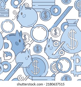 Vector seamless pattern with many flat financial icons on a white background. Outline signs. Decorative element for banner and advertisement layout design. Business illustration. Abstract composition.