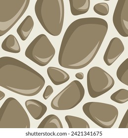 Vector seamless pattern of many flat smooth stones on light beige background. Different shapes pebbles texture. Textile print. Decorative element for packaging layout design, wrapping paper, banner