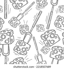 Vector seamless pattern with many forks, cheese pieces. Dairy food. Linear vintage maasdam illustration. Decorative art element for menu design layout, packaging. Organic grocery store. Contour signs.