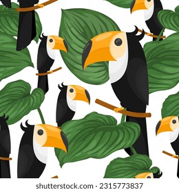 Vector seamless pattern with many funny toucans, huge green leaves. Cute exotic bird on the tree. Flat art element for summer layout design. Bright children's textile print. Wild nature concept. Zoo
