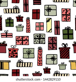 Vector seamless pattern. Many gift boxes different shapes. Hand drawn doodle. New Year, Christmas or Birthday concept. For printing, fabric, postcard, wallpaper, social media post,advertising.