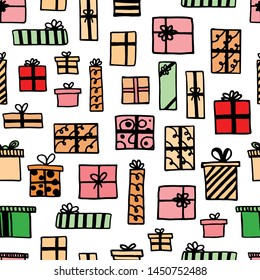 Vector seamless pattern. Many gift boxes different shapes. Hand drawn doodle. New Year, Christmas or Birthday concept. For printing, fabric, postcard, wallpaper, social media post,advertising.
