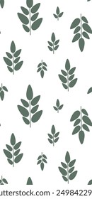 Vector seamless pattern of many green leaf sprigs icons. Simple botanical print. Floral background. Plant graphic art for cosmetics packaging design, elegant natural layout, cute kids fabric, card