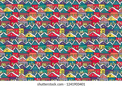 Vector seamless pattern many hand drawn gingerbread multicolored houses. Background for bedding, textile, wallpaper, wrapping, cover page, web site, card, carton, typographic print, fabric, banner.