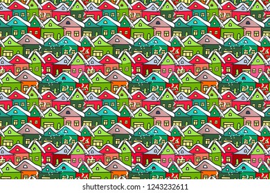 Vector seamless pattern many hand drawn gingerbread multicolored houses. Background for bedding, textile, wallpaper, wrapping, cover page, web site, card, carton, typographic print, fabric, banner.