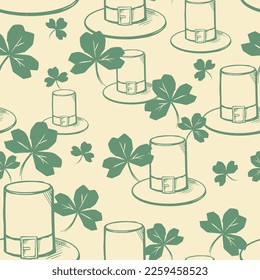 Vector seamless pattern of many hand drawn leprechaun top hat, small vintage clover leaves on pale yellow background. Rough quick sketch. St. Patrick's Day celebration. Festive symbols. Artistic print