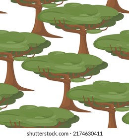 Vector seamless pattern with many large tropical tree on white background. Tall savannah plant. Simple flat element. Decorative composition for summer layout design. Big wide crown. Jungle flora. 