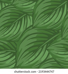 Vector seamless pattern with many large tropical leaves. Background element. Fashion textile print. Decorative composition. Top view. Hand-drawn element for advertising layout design, wrapping paper.