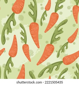 Vector seamless pattern with many large cute orange carrots and fresh green tops. Bright vegetable icon. Organic farm food print. Decorative art element for menu layout design, packaging. Flat concept