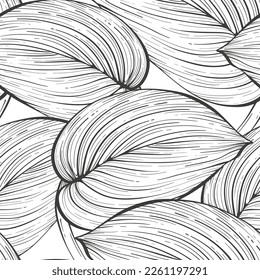 Vector seamless pattern with many large tropical leaves on white background. Floral linear artwork for packaging layout design. Trendy fashion print. Hatched decorative element. Retro ornament. Sketch