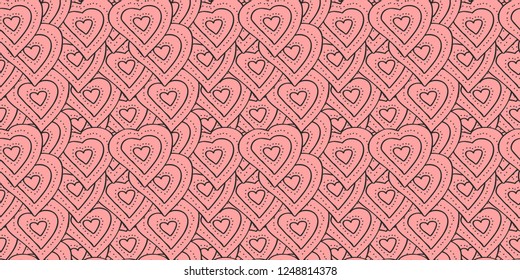 Vector seamless pattern many light pink hearts in black outlines and small dots. Background for bedding, textile, wallpaper, wrapping, card, cover page, web site, banner, typographic print.