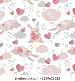 Vector seamless pattern of many little cute sleeping bunnies holding hearts in hands, dream clouds, linear signs. Loving rabbit. Valentine's Day celebration. Cute baby print. Romantic layout design. 