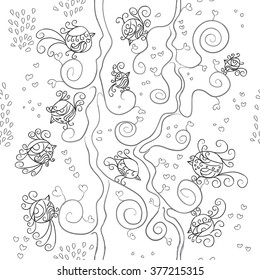 Vector seamless pattern. Many little birds on branches with hearts on white background. White and black colors.