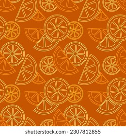 Vector seamless pattern of many outline citrus slices. Fruit icons. Lemon, tangerine cut. Bright food background. Tropical linear print for juice packaging design, cafe menu layout. Drink advertising