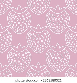 Vector seamless pattern of many outline strawberries icon. Cute berry pastel print. Linear illustration for juice, jam, natural snacks packaging layout design. Simple contour food element composition