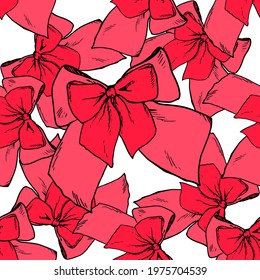 Vector seamless pattern of many red double bows randomly arranged on a white background, for a design template. hand-drawn festive double bow made of festive red ribbon with black outline in sketch 