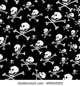Vector seamless pattern with many skulls and crossbones on a black background / concept pirate wallpaper