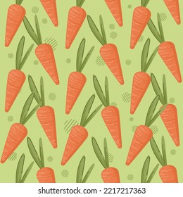 Vector seamless pattern with many small cute orange carrots and fresh green tops. Bright vegetable icon. Organic farm food print. Decorative art element for menu layout design, packaging. Flat concept