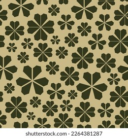 Vector seamless pattern of many small clover leaves on beige background. Vintage element for St. Patrick's Day. Meadow top view. Decorative art for advertising layout, banner, invitation. Fabric print