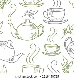 Vector seamless pattern of many teapots, small cups with saucer, green tea leaves. Hot drink with steam. Cute linear concept. Decorative art element for cafe menu layout design, packaging. Brew signs