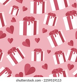 Vector seamless pattern with many white boxes, small hearts on pale pink background. Valentine's Day celebration. Festive concept for advertising banner layout design. Romantic print. Gift store.