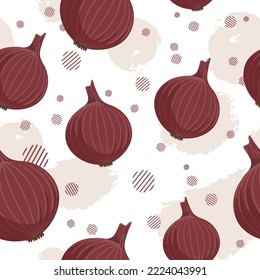 Vector seamless pattern of many whole red onions, abstract colorful paint blots on white background. Vegetable bright print. Culinary blog flat lay. Decorative art element for packaging layout design