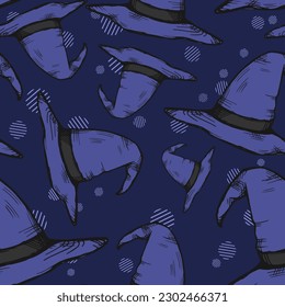 Vector seamless pattern with many witch hats on dark blue background. Halloween night. Decorative element for festive layout design. Hand drawn composition. Vintage illustration. Trendy fashion print.