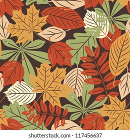 Vector seamless pattern with many-colored autumn leaves in retro style