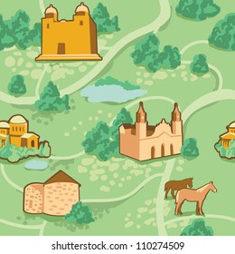 Vector seamless pattern with map and houses