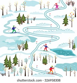 Vector seamless pattern.The map of winter forest with ski, skiers and fun trails on a  white background. It can be used as an illustration