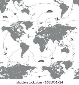 Vector seamless pattern of the map of the world. Template for prints, wallpapers about traveling. Silhouettes of continents and oceans for business projects, as a background for modern infographics.