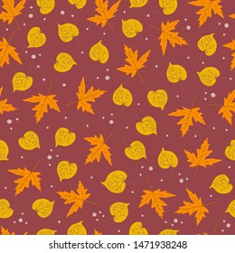 Vector seamless pattern with maple, aspen leaves and plants on dark background. Perfect for wallpaper, gift paper, autumn greeting cards.