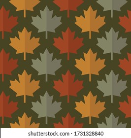 Vector seamless pattern of maple leaf in three colors (red, yellow, green) on a dark green background. Textile sketch, background, wrapping paper, design, packaging. Eps 8.