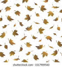 Vector Seamless pattern with maple leaves in gold. Various golden leaves on white background. Modern leaf texture