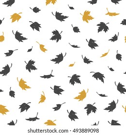 Vector Seamless pattern with maple leaves. Various black and gold leaves on white background. Modern leaf texture