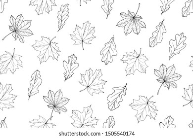 Vector seamless pattern with maple, oak, chestnut leaves. Black and white. Outline drawing. Monochrome background for wrapping paper, fashion, textile, wallpapers, greetings, web pages.