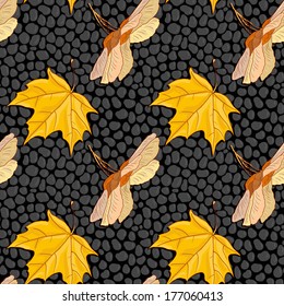 vector seamless pattern  with maple seeds and leaves at black stones, asphalt road