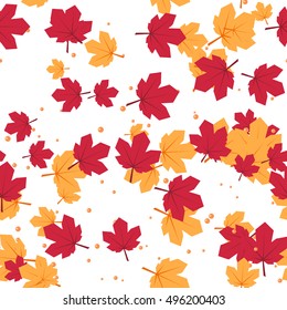 Vector seamless pattern.  Vector maple yellow an orange flat leaves isolated on white background. Autumn decor. Floral elements in flat style for autumn design.