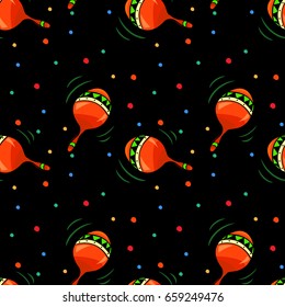 Vector seamless pattern with maracas and abstract dot elements on black background for gift cards, invitation, textile, wrapping paper design.