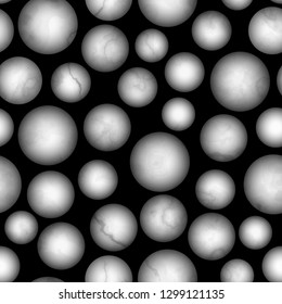 Vector seamless pattern with marble 3d balls on black background. White and gray marbling surface, modern luxurious background, luxury wallpaper.