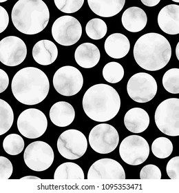 Vector seamless pattern with marble polka dot on isolated on black background. White marbling surface, modern luxurious background, luxury wallpaper.