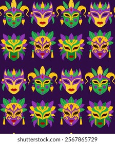 Vector seamless pattern with mardi gras masks in flat style on violet background. Fat tuesday backdrop. Texture with colorful festive carnival masks for fabric and wallpaper