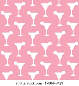 Vector seamless pattern of margarita cocktail silhouette isolated on pink background 