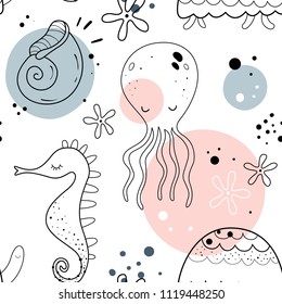 Vector seamless pattern with marine animals and seashell. Scandinavian motives. Children's print
