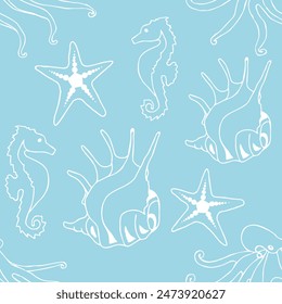 Vector seamless pattern with marine animals and seashell white counter on blue background. Decorative pattern for textile.