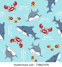 vector seamless pattern of marine animals cartoon. Funny shark with crab and fish