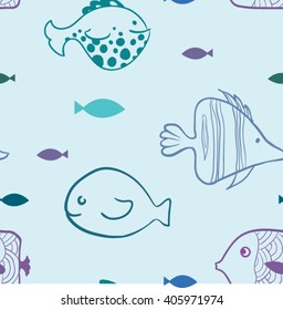 The vector seamless pattern with marine fishes. Cure blue backgrouns