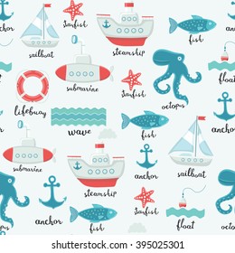 Vector seamless pattern of marine illustrations of cute elements and lettering name in English 